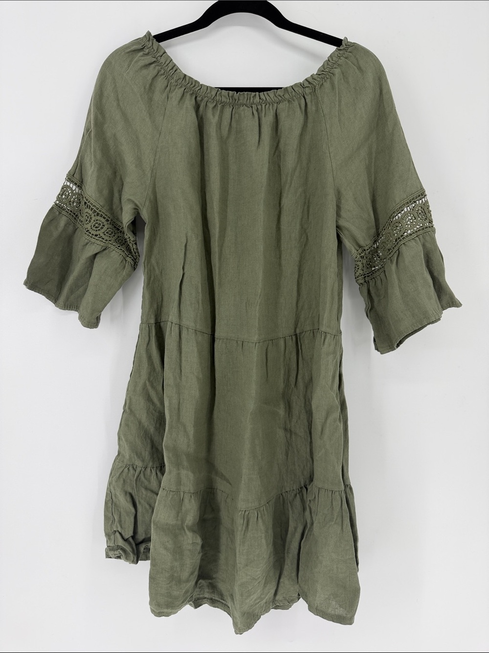 Terzo Millennio Italy 100% Linen Olive Green Boho Tiered Dress Medium